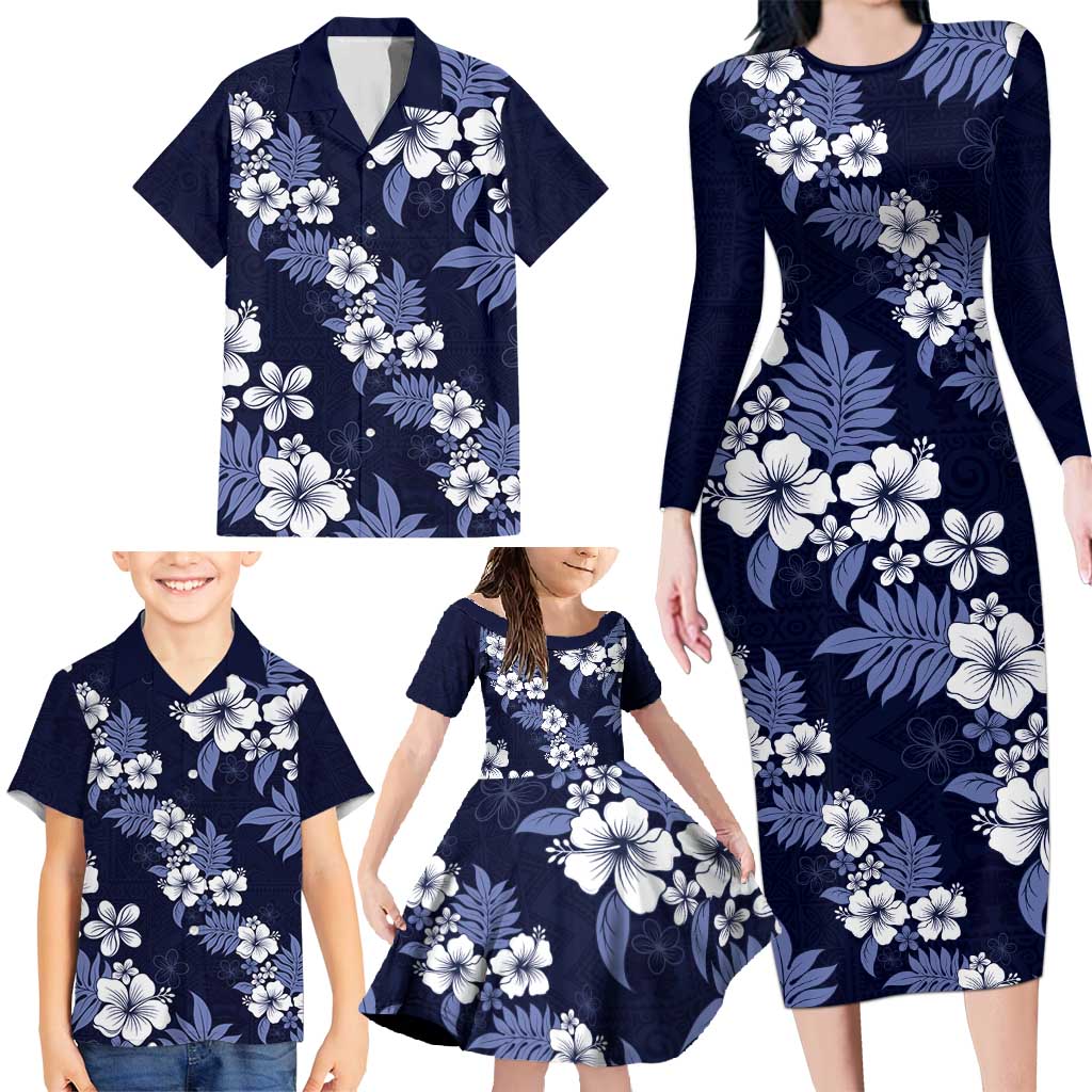 Hawaiian Hibiscus Tribal Floral Blue Family Matching Long Sleeve Bodycon Dress and Hawaiian Shirt Polynesian Tapa Pattern LT01 - Polynesian Pride