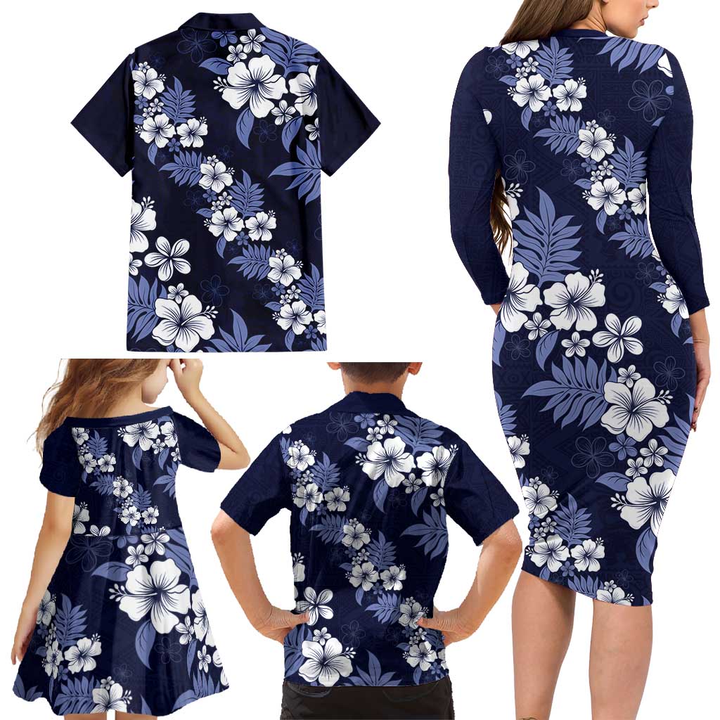 Hawaiian Hibiscus Tribal Floral Blue Family Matching Long Sleeve Bodycon Dress and Hawaiian Shirt Polynesian Tapa Pattern LT01 - Polynesian Pride