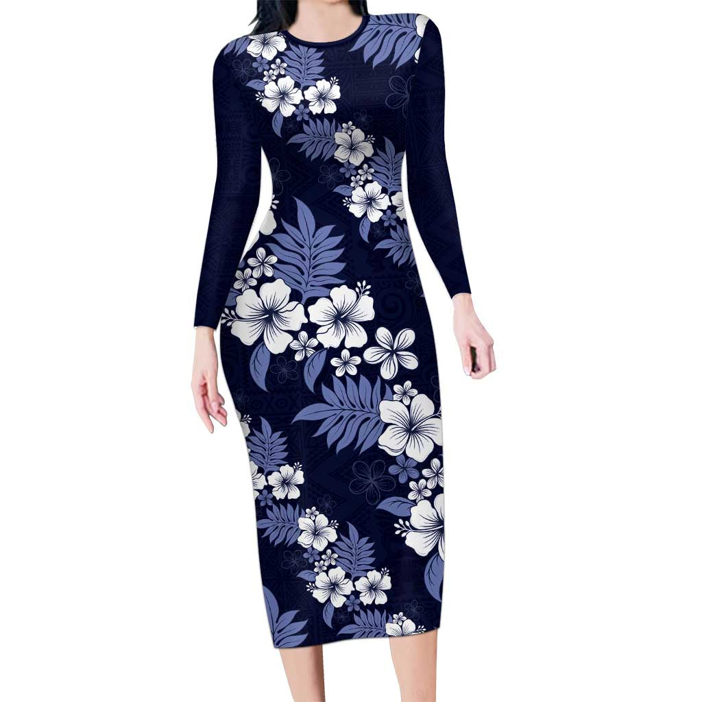 Hawaiian Hibiscus Tribal Floral Blue Family Matching Long Sleeve Bodycon Dress and Hawaiian Shirt Polynesian Tapa Pattern LT01 Mom's Dress Blue - Polynesian Pride