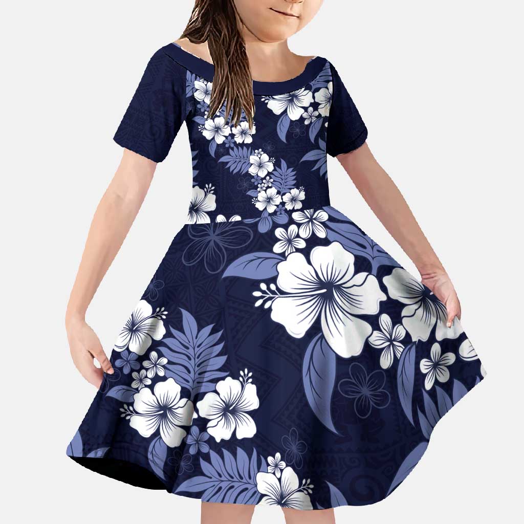 Hawaiian Hibiscus Tribal Floral Blue Family Matching Mermaid Dress and Hawaiian Shirt Polynesian Tapa Pattern LT01 Daughter's Dress Blue - Polynesian Pride