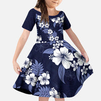 Hawaiian Hibiscus Tribal Floral Blue Family Matching Mermaid Dress and Hawaiian Shirt Polynesian Tapa Pattern LT01 Daughter's Dress Blue - Polynesian Pride