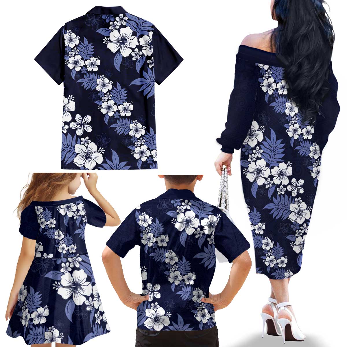 Hawaiian Hibiscus Tribal Floral Blue Family Matching Off The Shoulder Long Sleeve Dress and Hawaiian Shirt Polynesian Tapa Pattern LT01 - Polynesian Pride