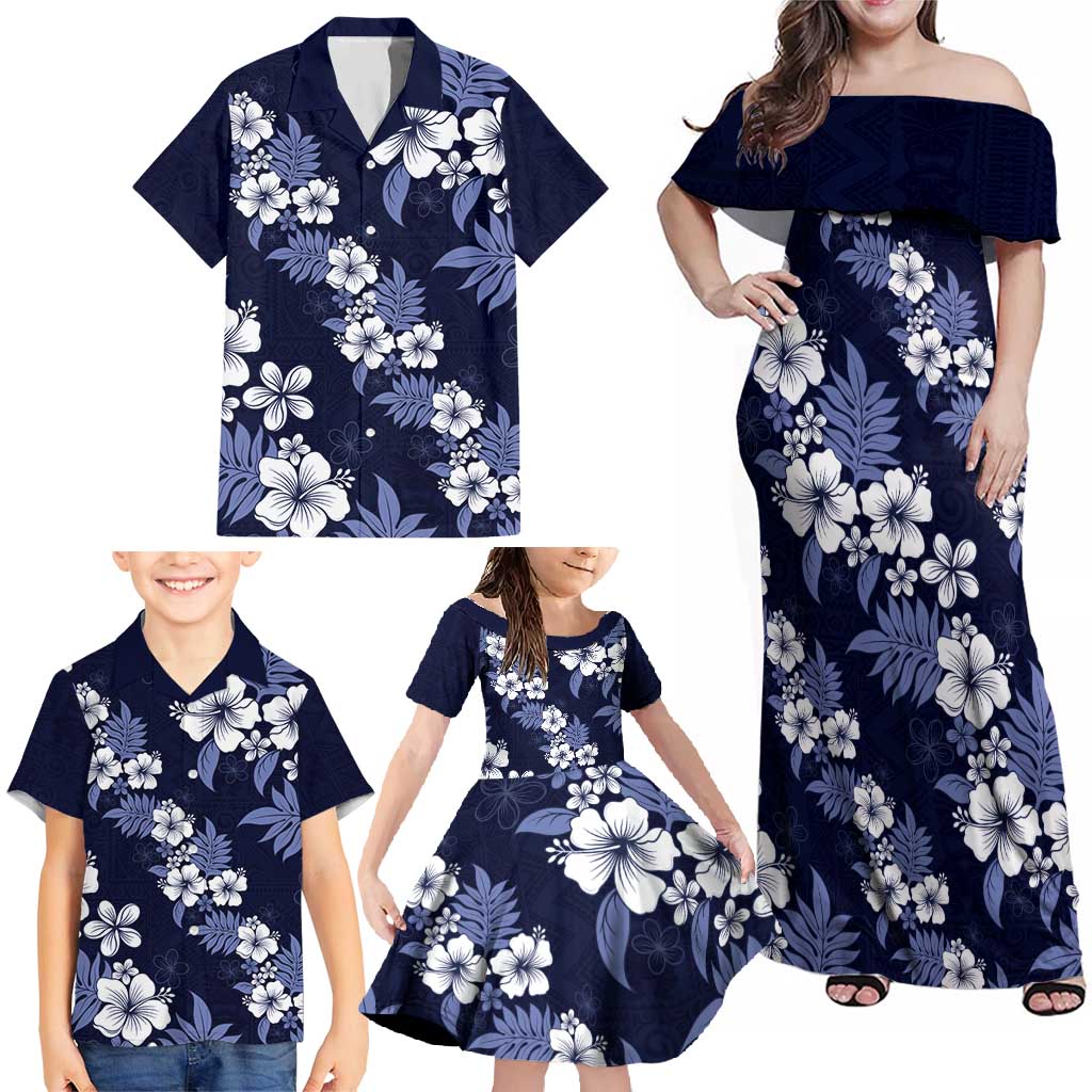 Hawaiian Hibiscus Tribal Floral Blue Family Matching Off Shoulder Maxi Dress and Hawaiian Shirt Polynesian Tapa Pattern - Polynesian Pride