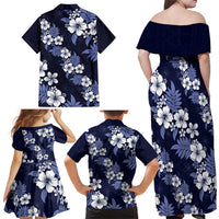 Hawaiian Hibiscus Tribal Floral Blue Family Matching Off Shoulder Maxi Dress and Hawaiian Shirt Polynesian Tapa Pattern LT01 - Polynesian Pride