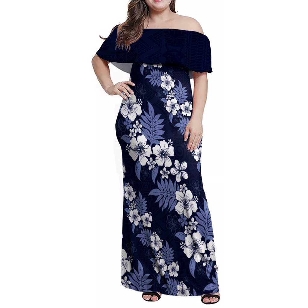 Hawaiian Hibiscus Tribal Floral Blue Family Matching Off Shoulder Maxi Dress and Hawaiian Shirt Polynesian Tapa Pattern LT01 Mom's Dress Blue - Polynesian Pride
