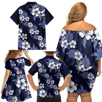 Hawaiian Hibiscus Tribal Floral Blue Family Matching Off Shoulder Short Dress and Hawaiian Shirt Polynesian Tapa Pattern LT01 - Polynesian Pride