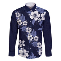 Hawaiian Hibiscus Tribal Floral Blue Family Matching Off Shoulder Short Dress and Hawaiian Shirt Polynesian Tapa Pattern LT01 Dad's Shirt - Long Sleeve Blue - Polynesian Pride