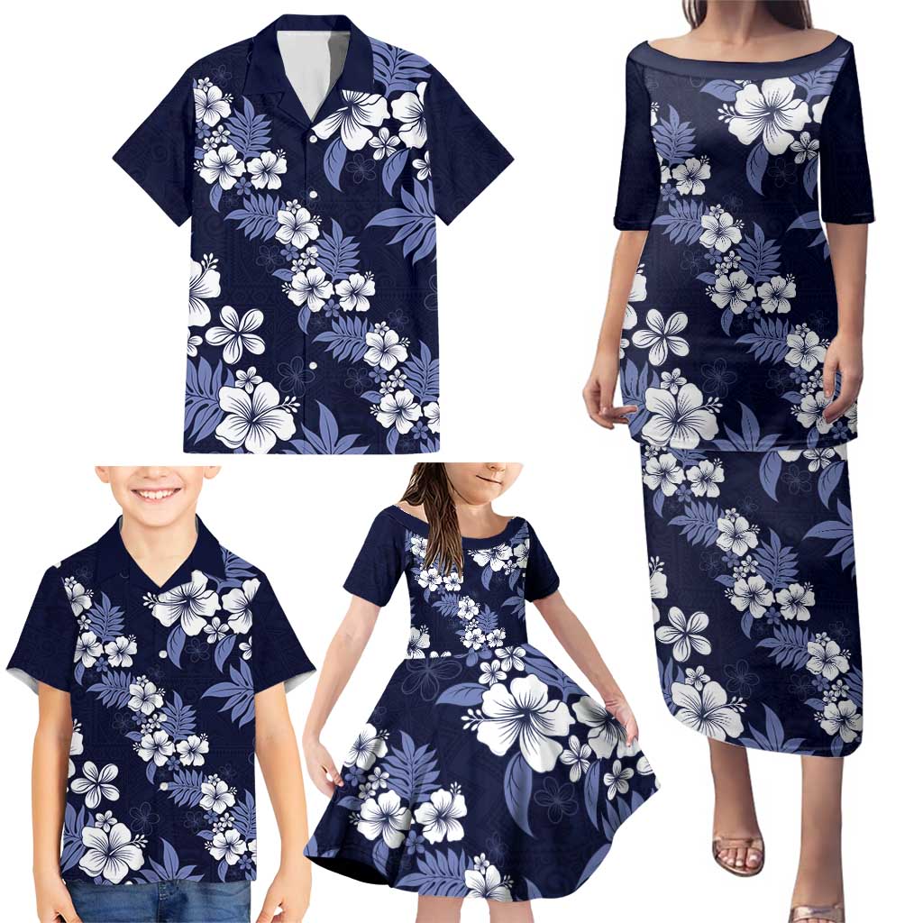 Hawaiian Hibiscus Tribal Floral Blue Family Matching Puletasi and Hawaiian Shirt Polynesian Tapa Pattern LT01 - Polynesian Pride