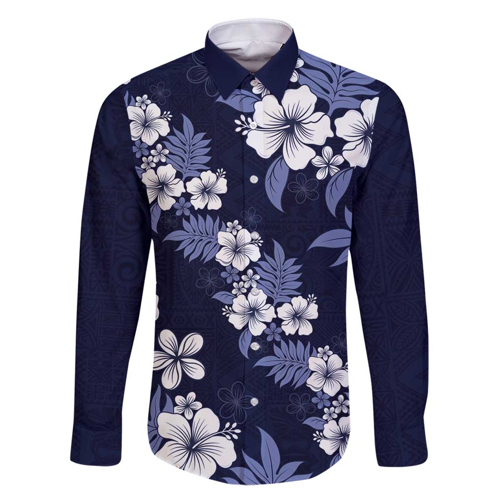 Hawaiian Hibiscus Tribal Floral Blue Family Matching Puletasi and Hawaiian Shirt Polynesian Tapa Pattern LT01 Dad's Shirt - Long Sleeve Blue - Polynesian Pride