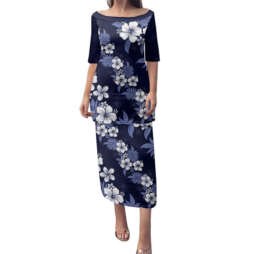 Hawaiian Hibiscus Tribal Floral Blue Family Matching Puletasi and Hawaiian Shirt Polynesian Tapa Pattern LT01 Mom's Dress Blue - Polynesian Pride