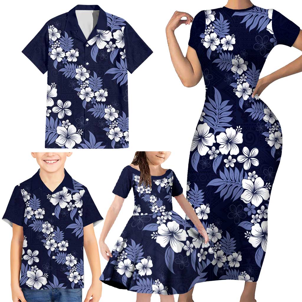 Hawaiian Hibiscus Tribal Floral Blue Family Matching Short Sleeve Bodycon Dress and Hawaiian Shirt Polynesian Tapa Pattern LT01 - Polynesian Pride