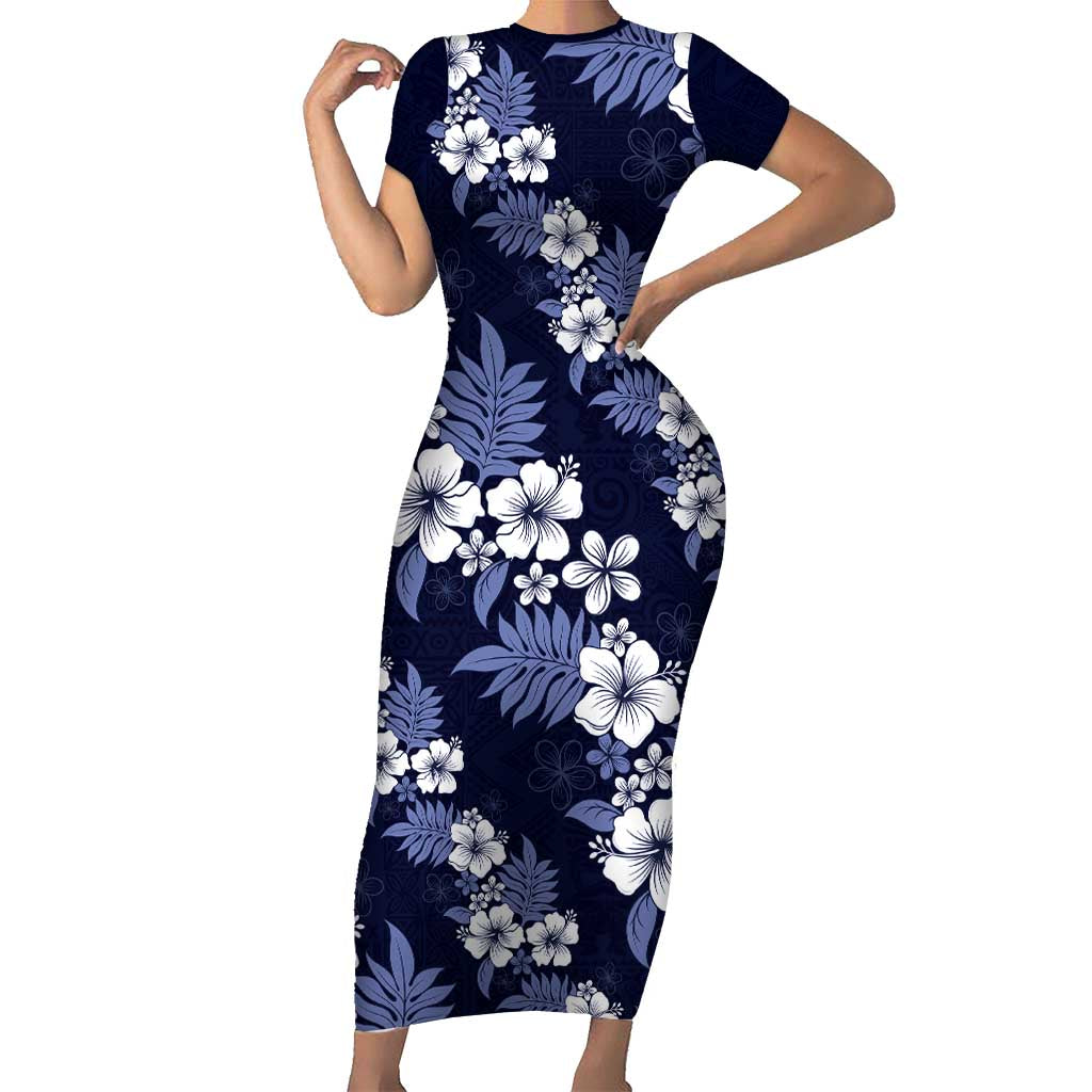 Hawaiian Hibiscus Tribal Floral Blue Family Matching Short Sleeve Bodycon Dress and Hawaiian Shirt Polynesian Tapa Pattern LT01 Mom's Dress Blue - Polynesian Pride