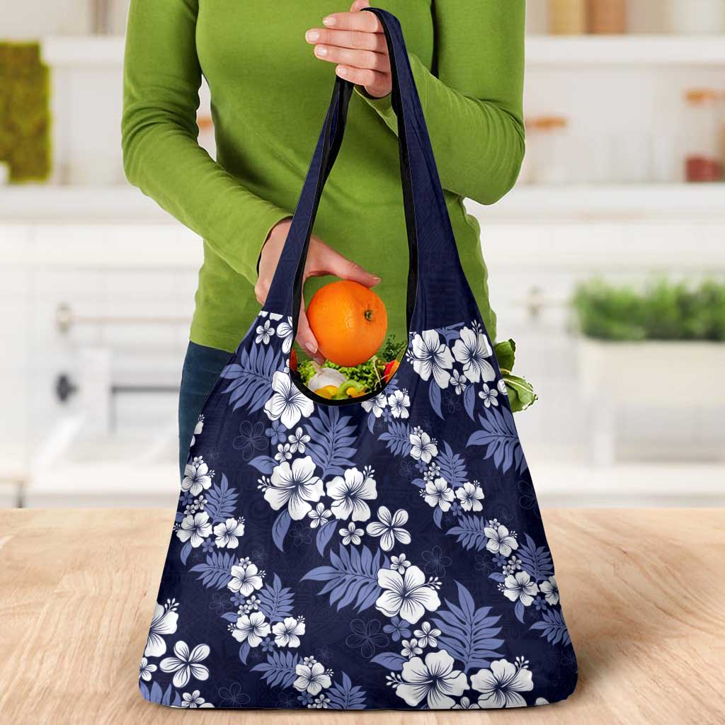 Hawaiian Hibiscus Tribal Floral Blue Grocery Bag Polynesian Tapa Pattern - Polynesian Pride