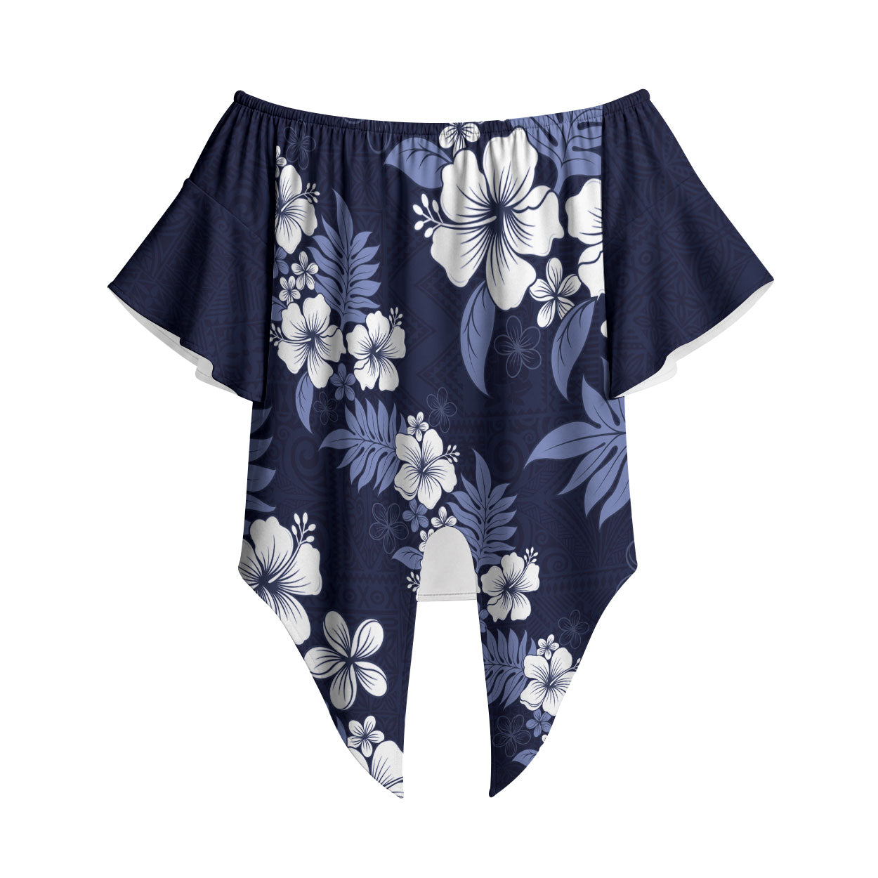 Hawaiian Hibiscus Tribal Floral Blue Off Shoulder Wrap Waist Top Polynesian Tapa Pattern LT01 Blue - Polynesian Pride