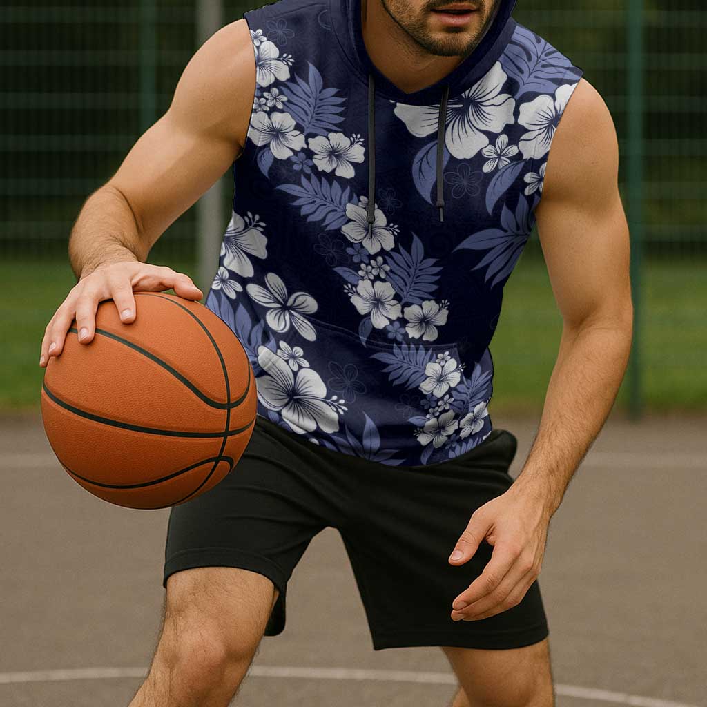 Hawaiian Hibiscus Tribal Floral Blue Sleeveless Hoodie Polynesian Tapa Pattern LT01 - Polynesian Pride