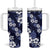 Hawaiian Hibiscus Tribal Floral Blue Tumbler With Handle Polynesian Tapa Pattern - Polynesian Pride