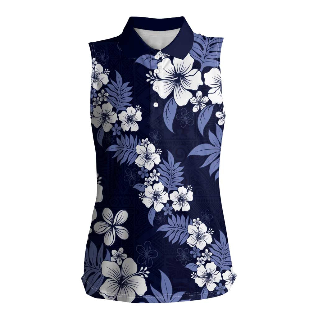 Hawaiian Hibiscus Tribal Floral Blue Women Sleeveless Polo Shirt Polynesian Tapa Pattern LT01 Female Blue - Polynesian Pride