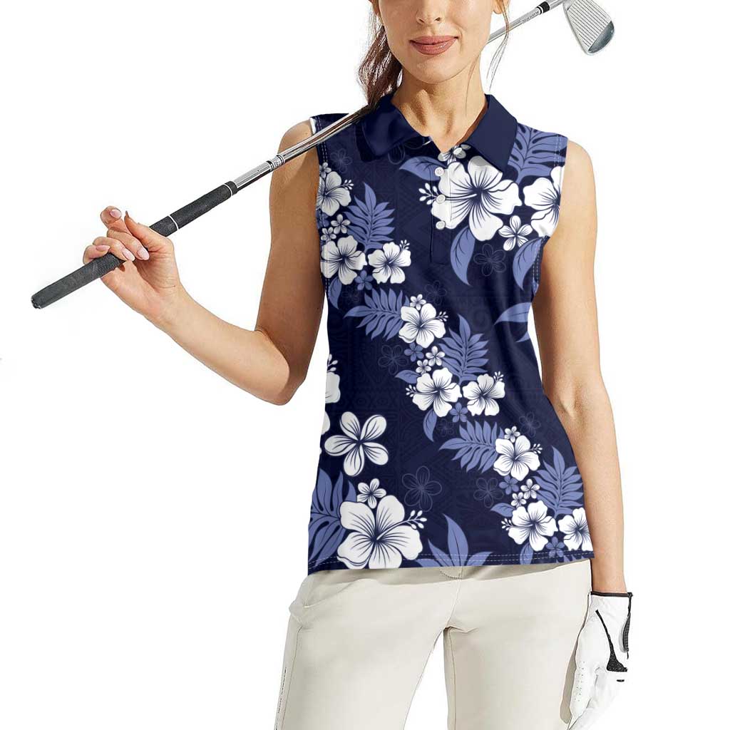 Hawaiian Hibiscus Tribal Floral Blue Women Sleeveless Polo Shirt Polynesian Tapa Pattern LT01 - Polynesian Pride