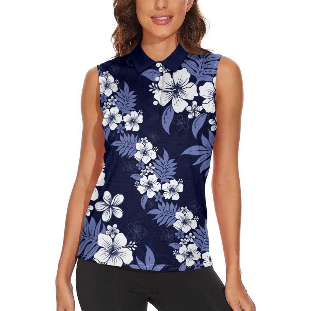 Hawaiian Hibiscus Tribal Floral Blue Women Sleeveless Polo Shirt Polynesian Tapa Pattern LT01 - Polynesian Pride