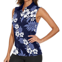 Hawaiian Hibiscus Tribal Floral Blue Women Sleeveless Polo Shirt Polynesian Tapa Pattern LT01 - Polynesian Pride