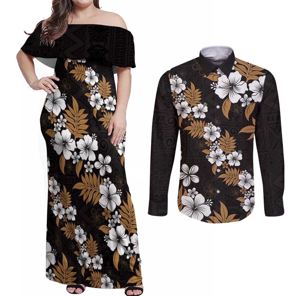 Hawaiian Hibiscus Tribal Floral Brown Couples Matching Off Shoulder Maxi Dress and Long Sleeve Button Shirt Polynesian Tapa Pattern - Polynesian Pride