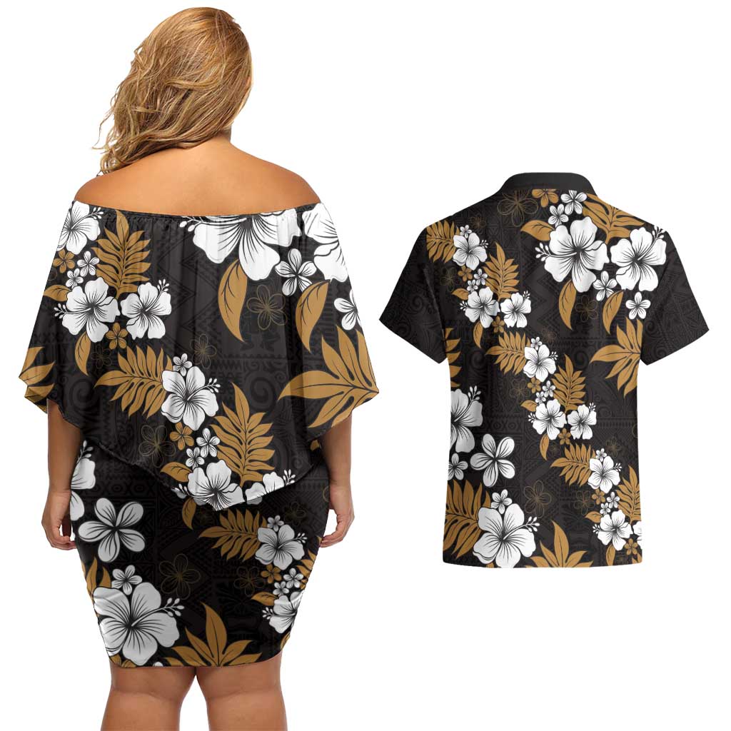 Hawaiian Hibiscus Tribal Floral Brown Couples Matching Off Shoulder Short Dress and Hawaiian Shirt Polynesian Tapa Pattern - Polynesian Pride