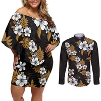 Hawaiian Hibiscus Tribal Floral Brown Couples Matching Off Shoulder Short Dress and Long Sleeve Button Shirt Polynesian Tapa Pattern - Polynesian Pride