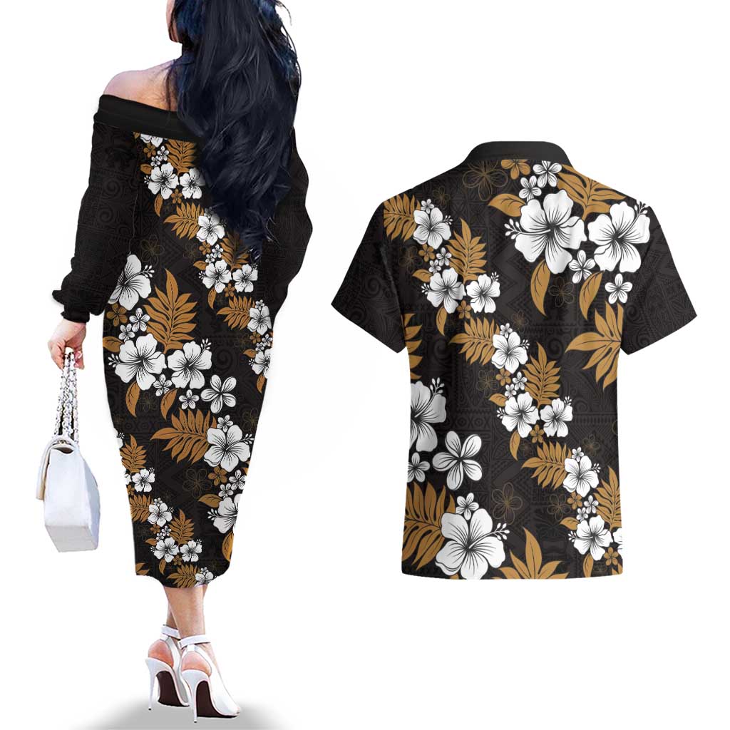 Hawaiian Hibiscus Tribal Floral Brown Couples Matching Off The Shoulder Long Sleeve Dress and Hawaiian Shirt Polynesian Tapa Pattern LT01 - Polynesian Pride