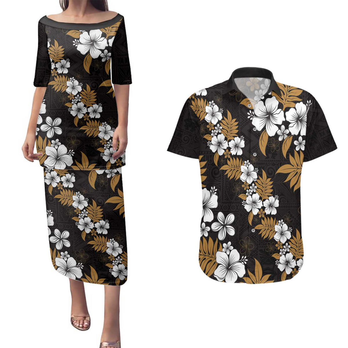 Hawaiian Hibiscus Tribal Floral Brown Couples Matching Puletasi and Hawaiian Shirt Polynesian Tapa Pattern LT01 Brown - Polynesian Pride