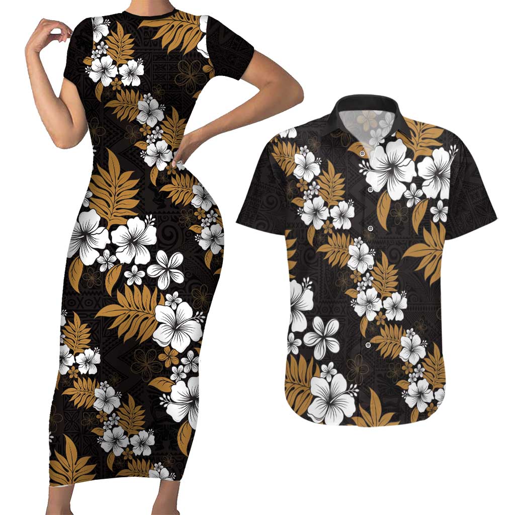 Hawaiian Hibiscus Tribal Floral Brown Couples Matching Short Sleeve Bodycon Dress and Hawaiian Shirt Polynesian Tapa Pattern - Polynesian Pride