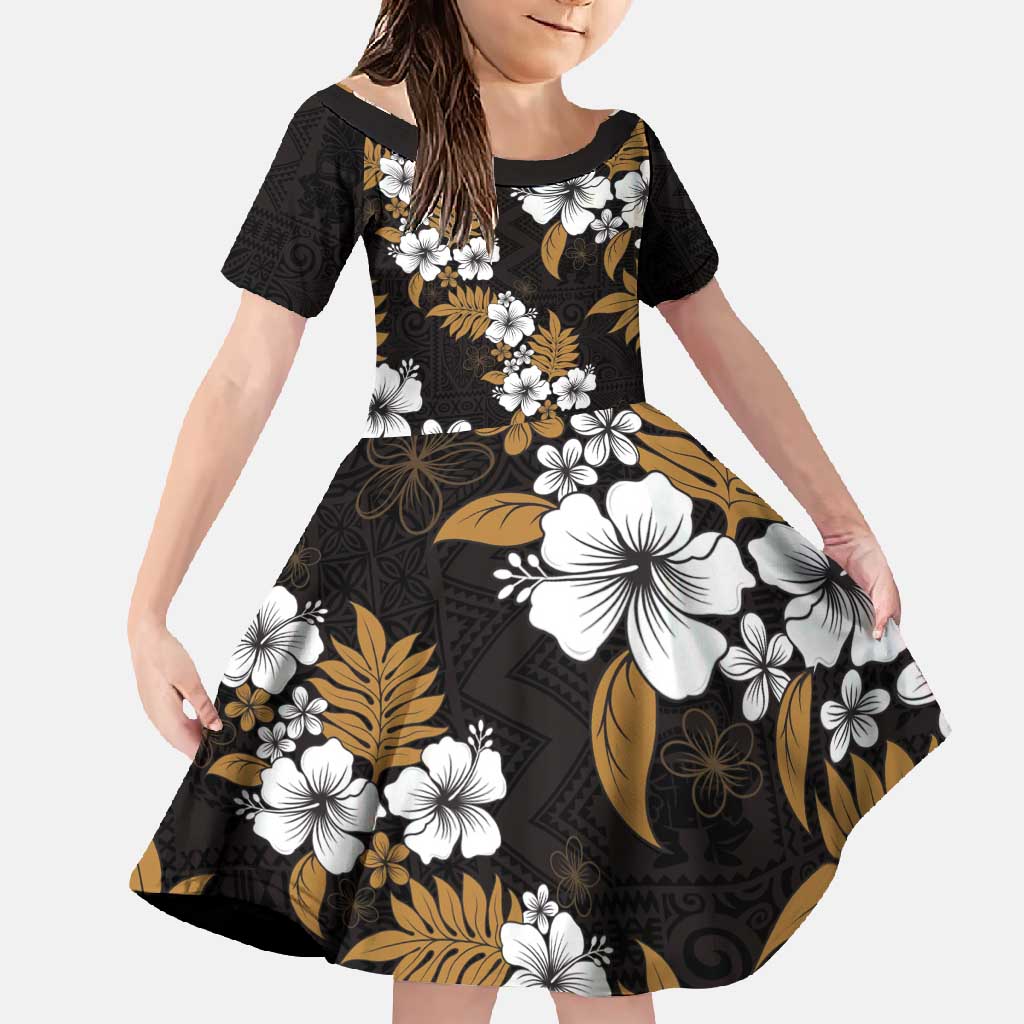 Hawaiian Hibiscus Tribal Floral Brown Family Matching Long Sleeve Bodycon Dress and Hawaiian Shirt Polynesian Tapa Pattern LT01 Daughter's Dress Brown - Polynesian Pride