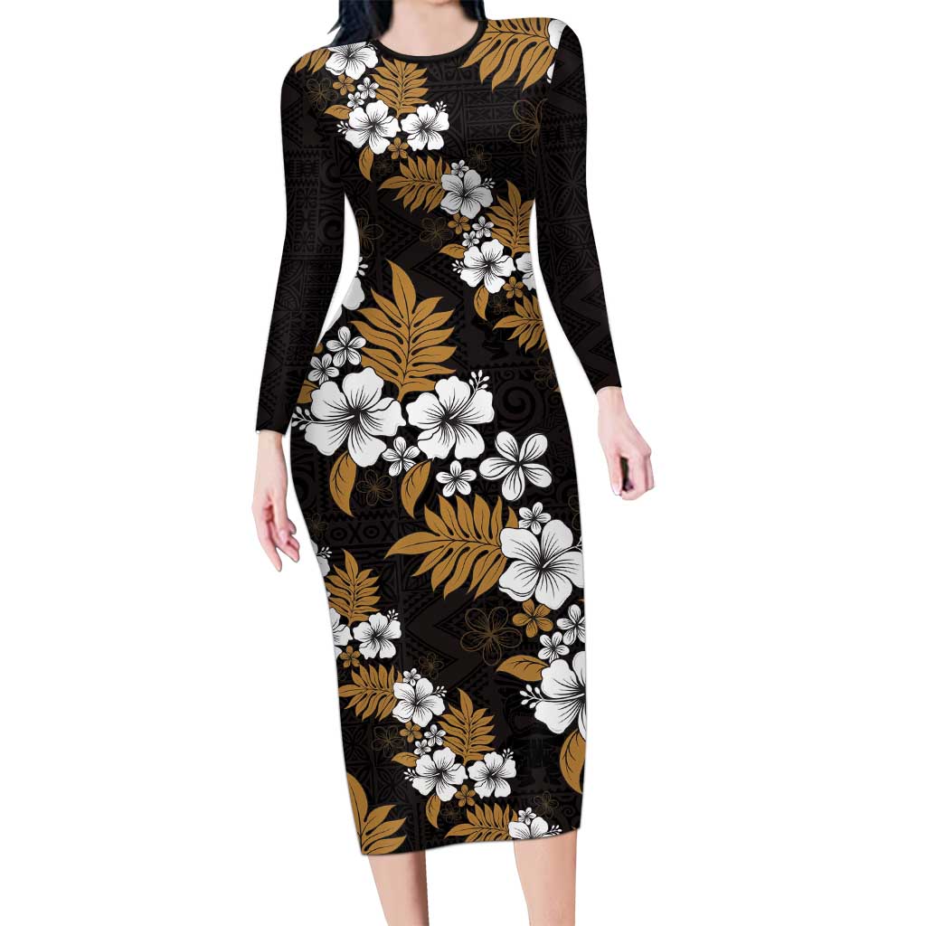 Hawaiian Hibiscus Tribal Floral Brown Family Matching Long Sleeve Bodycon Dress and Hawaiian Shirt Polynesian Tapa Pattern LT01 Mom's Dress Brown - Polynesian Pride