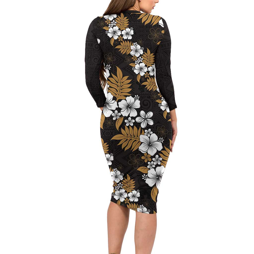Hawaiian Hibiscus Tribal Floral Brown Family Matching Long Sleeve Bodycon Dress and Hawaiian Shirt Polynesian Tapa Pattern LT01 - Polynesian Pride