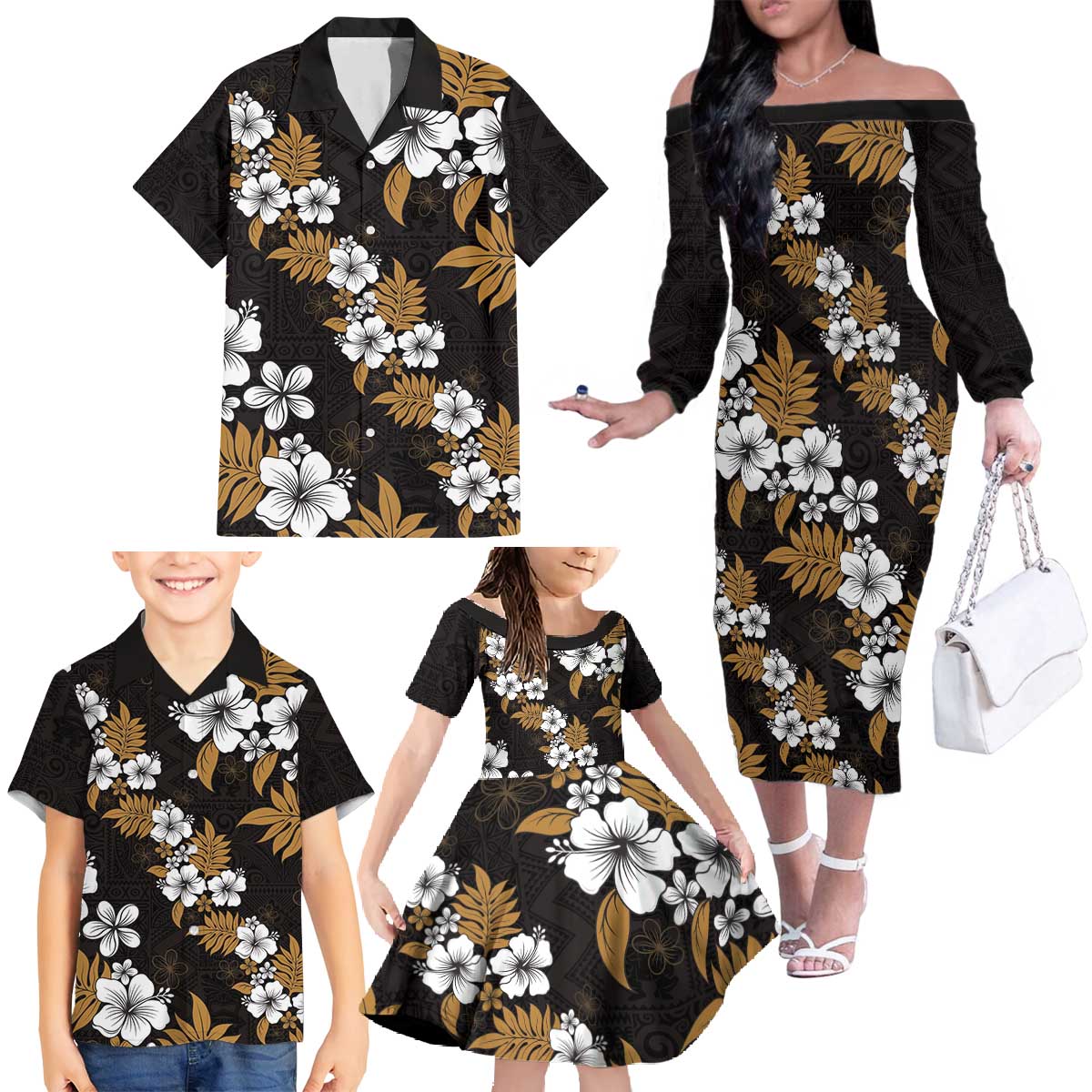 Hawaiian Hibiscus Tribal Floral Brown Family Matching Off The Shoulder Long Sleeve Dress and Hawaiian Shirt Polynesian Tapa Pattern LT01 - Polynesian Pride