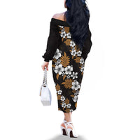 Hawaiian Hibiscus Tribal Floral Brown Family Matching Off The Shoulder Long Sleeve Dress and Hawaiian Shirt Polynesian Tapa Pattern LT01 - Polynesian Pride