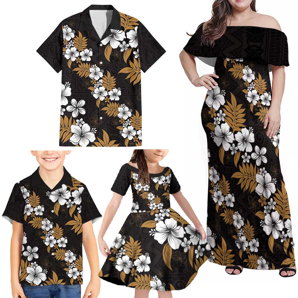 Hawaiian Hibiscus Tribal Floral Brown Family Matching Off Shoulder Maxi Dress and Hawaiian Shirt Polynesian Tapa Pattern LT01 - Polynesian Pride