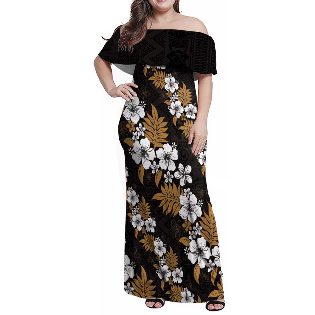 Hawaiian Hibiscus Tribal Floral Brown Family Matching Off Shoulder Maxi Dress and Hawaiian Shirt Polynesian Tapa Pattern LT01 Mom's Dress Brown - Polynesian Pride
