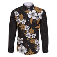 Hawaiian Hibiscus Tribal Floral Brown Family Matching Off Shoulder Short Dress and Hawaiian Shirt Polynesian Tapa Pattern LT01 Dad's Shirt - Long Sleeve Brown - Polynesian Pride