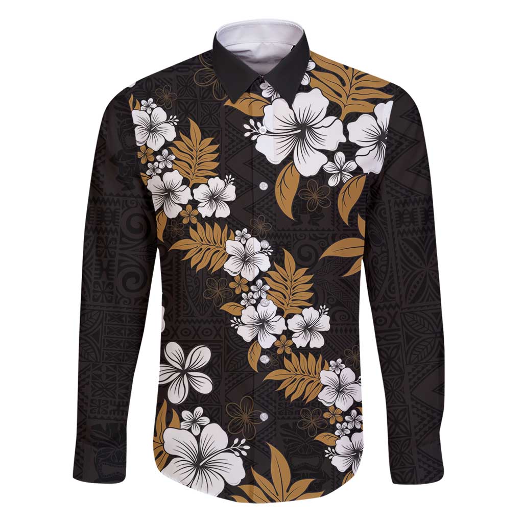 Hawaiian Hibiscus Tribal Floral Brown Family Matching Puletasi and Hawaiian Shirt Polynesian Tapa Pattern LT01 Dad's Shirt - Long Sleeve Brown - Polynesian Pride