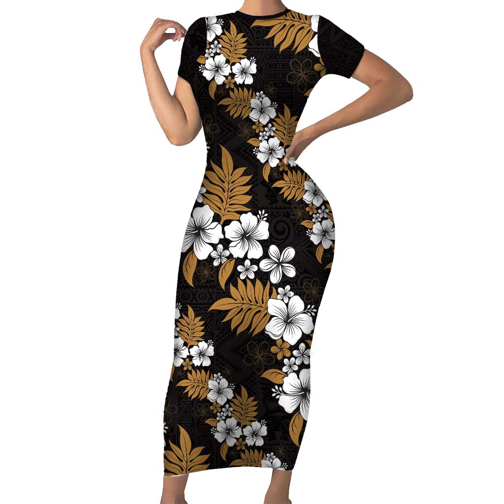 Hawaiian Hibiscus Tribal Floral Brown Family Matching Short Sleeve Bodycon Dress and Hawaiian Shirt Polynesian Tapa Pattern LT01 Mom's Dress Brown - Polynesian Pride