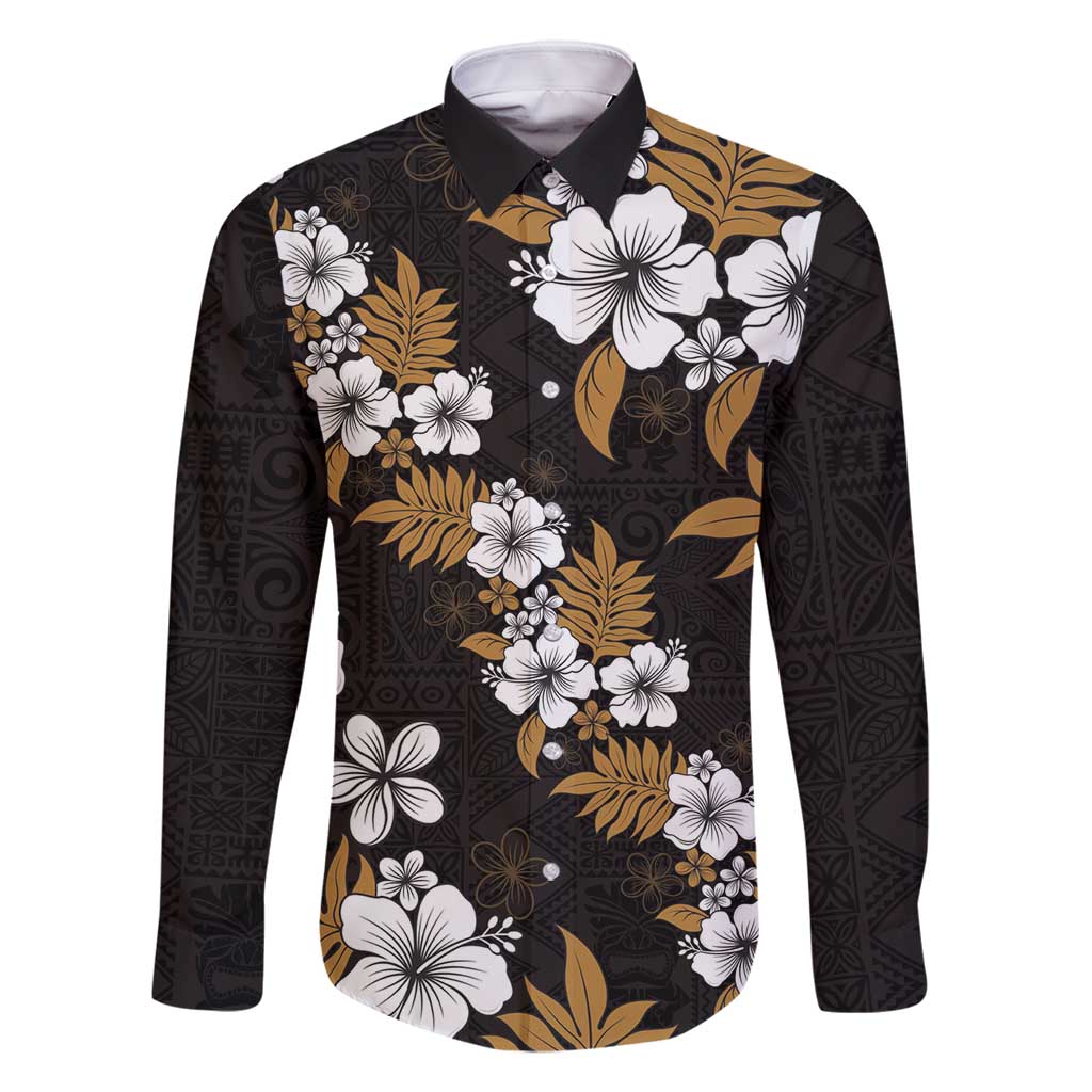 Hawaiian Hibiscus Tribal Floral Brown Family Matching Tank Maxi Dress and Hawaiian Shirt Polynesian Tapa Pattern LT01 Dad's Shirt - Long Sleeve Brown - Polynesian Pride