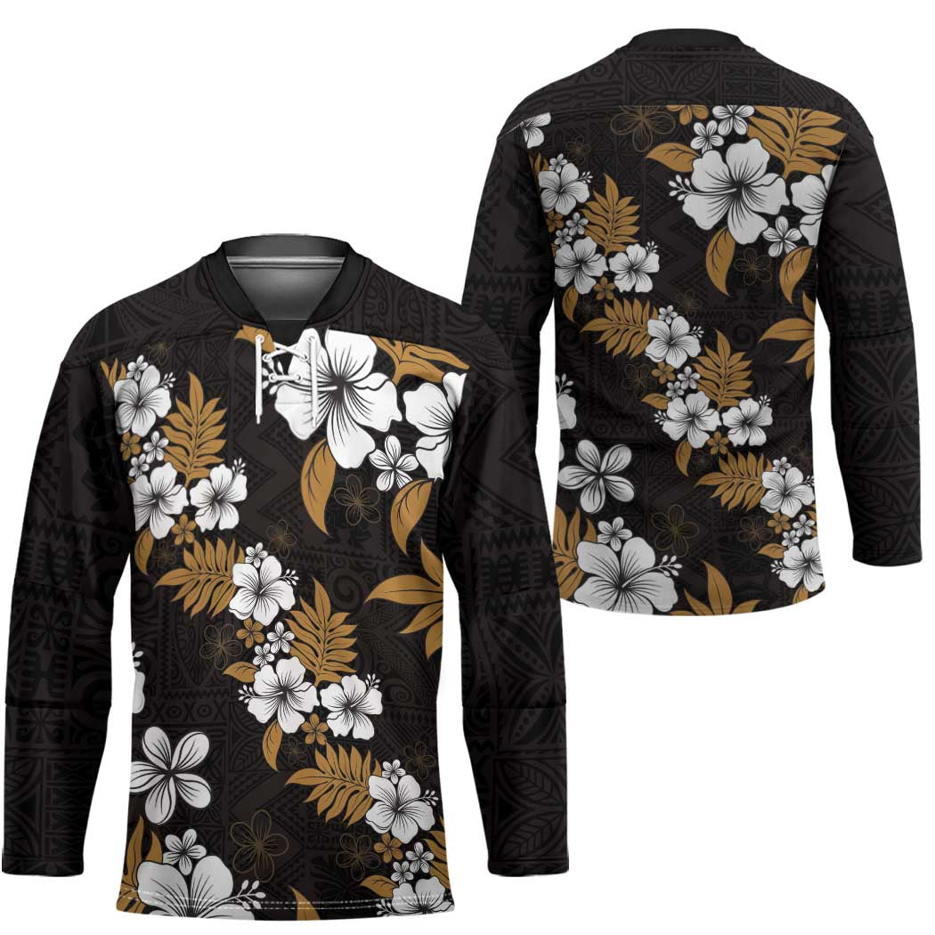 Hawaiian Hibiscus Tribal Floral Brown Hockey Jersey Polynesian Tapa Pattern - Polynesian Pride