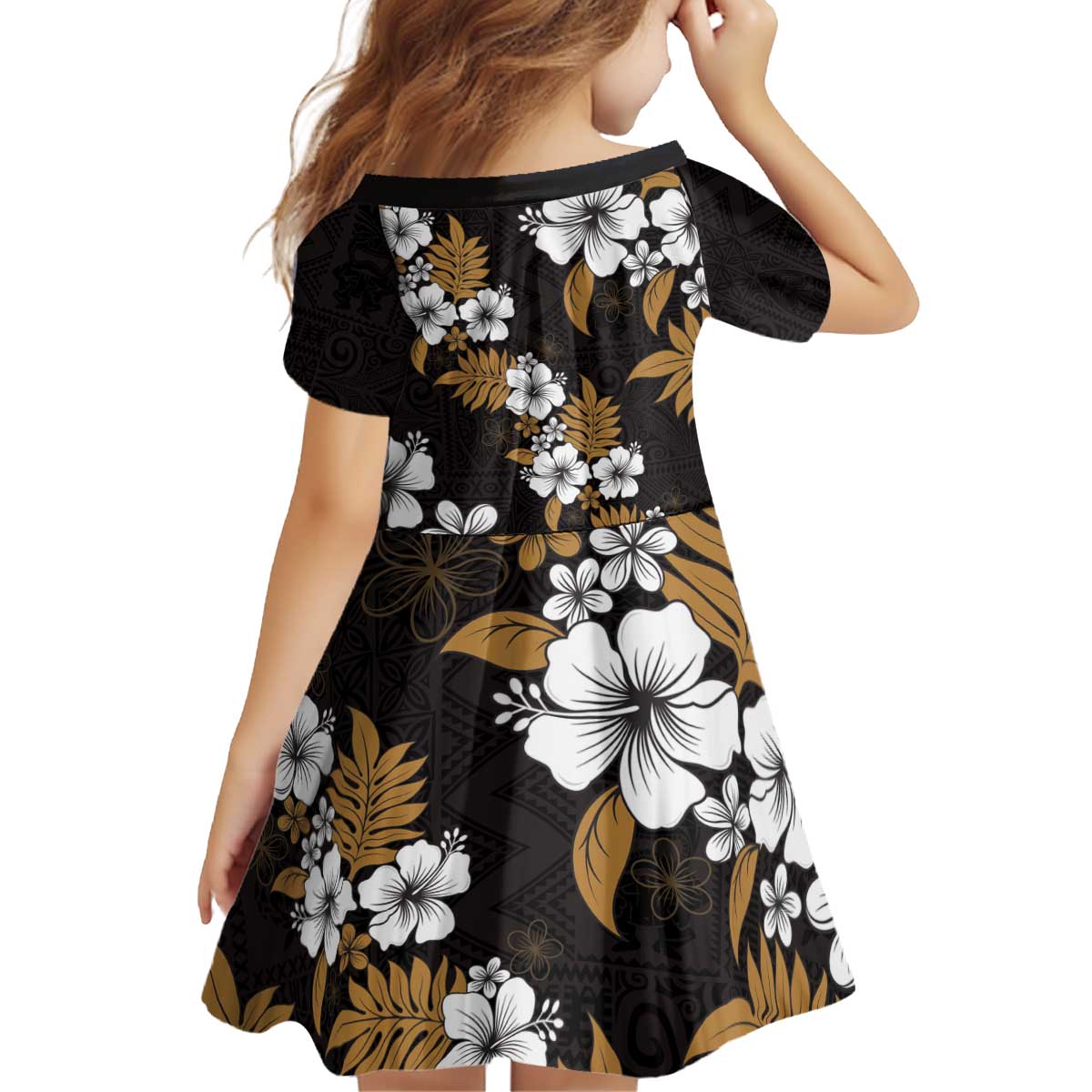 Hawaiian Hibiscus Tribal Floral Brown Kid Short Sleeve Dress Polynesian Tapa Pattern - Polynesian Pride