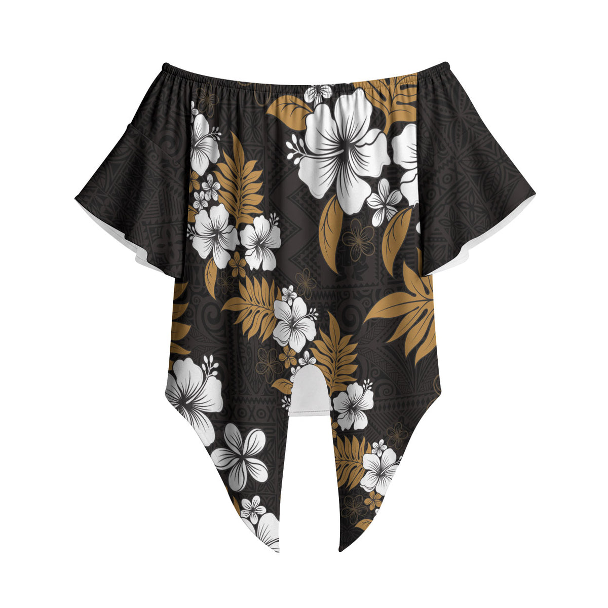Hawaiian Hibiscus Tribal Floral Brown Off Shoulder Wrap Waist Top Polynesian Tapa Pattern LT01 Brown - Polynesian Pride