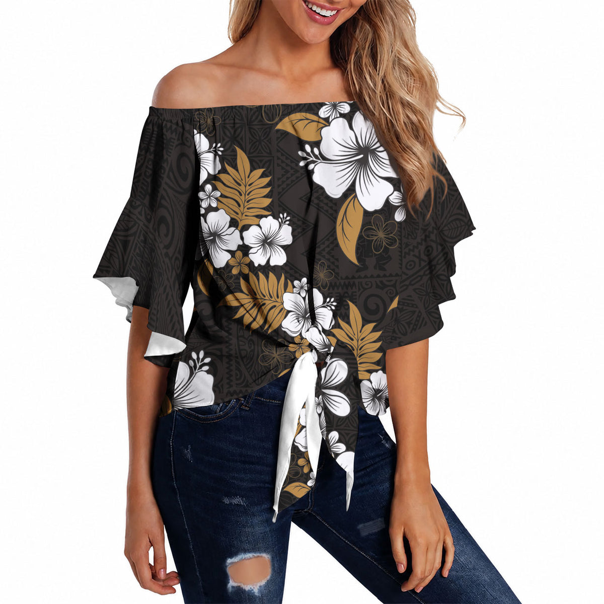 Hawaiian Hibiscus Tribal Floral Brown Off Shoulder Wrap Waist Top Polynesian Tapa Pattern LT01 - Polynesian Pride