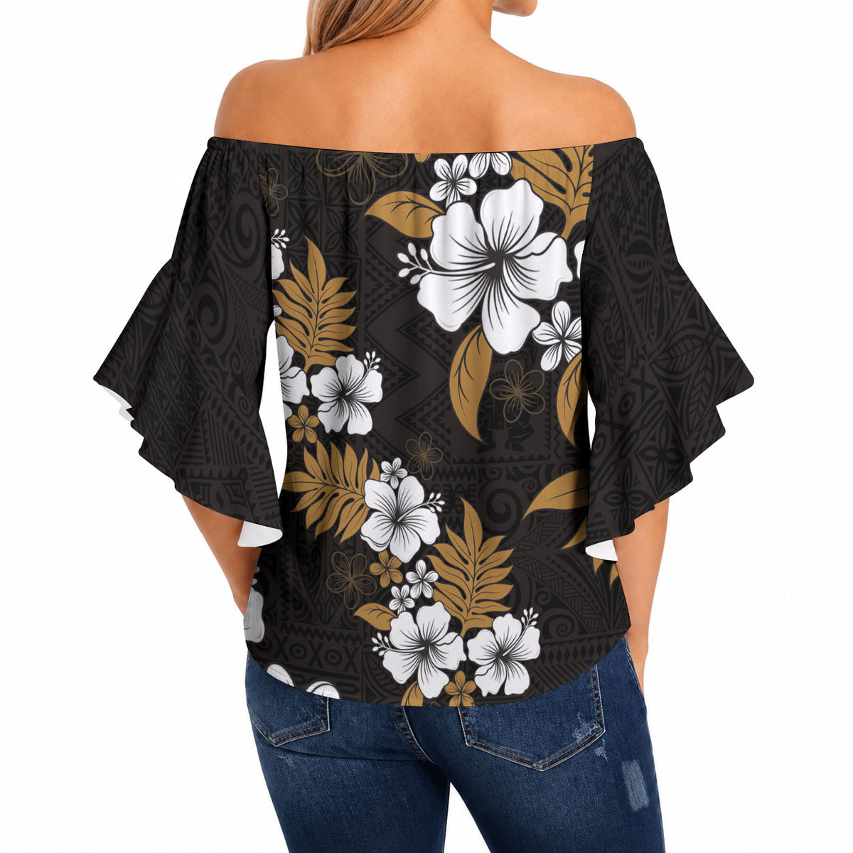 Hawaiian Hibiscus Tribal Floral Brown Off Shoulder Wrap Waist Top Polynesian Tapa Pattern LT01 - Polynesian Pride