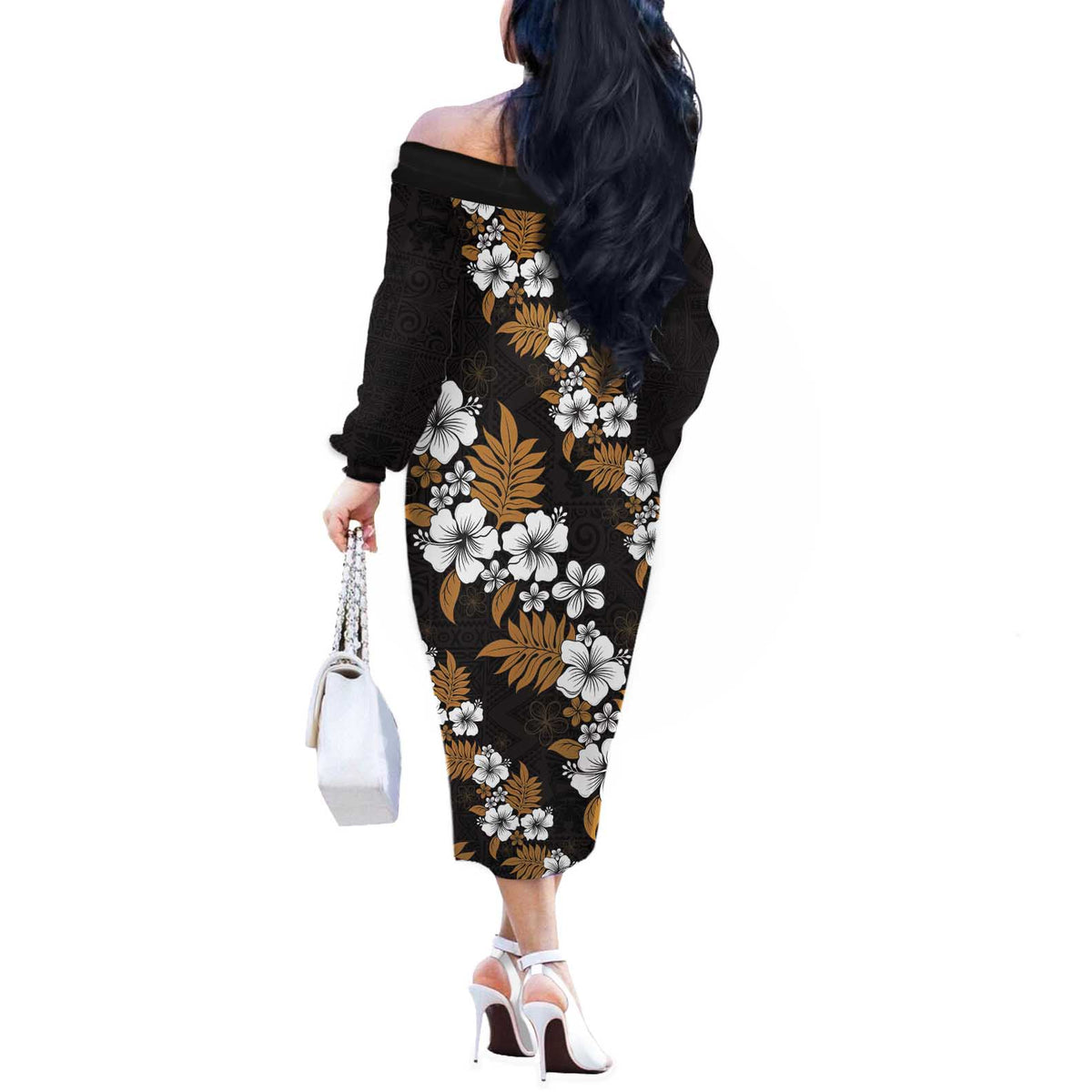 Hawaiian Hibiscus Tribal Floral Brown Off The Shoulder Long Sleeve Dress Polynesian Tapa Pattern - Polynesian Pride