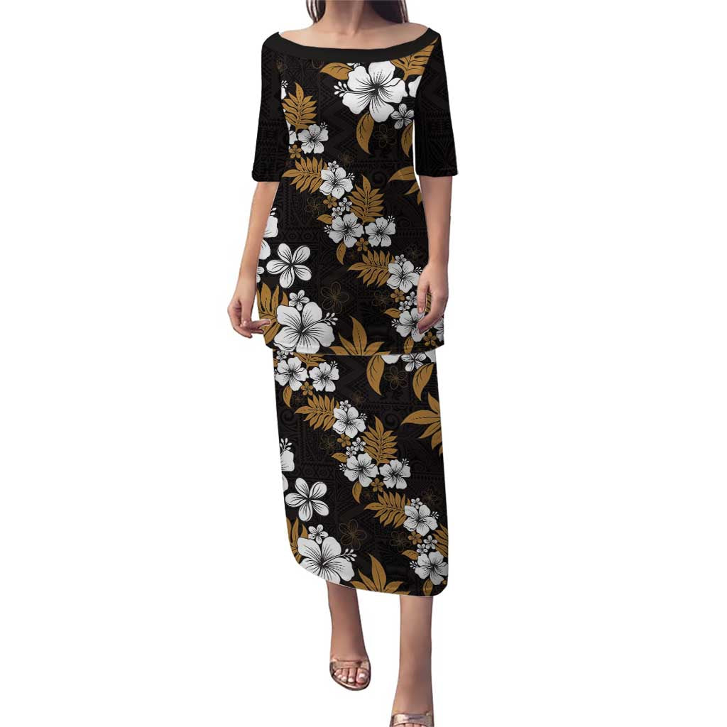 Hawaiian Hibiscus Tribal Floral Brown Puletasi Polynesian Tapa Pattern - Polynesian Pride