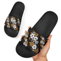 Hawaiian Hibiscus Tribal Floral Brown Slide Sandals Polynesian Tapa Pattern - Polynesian Pride