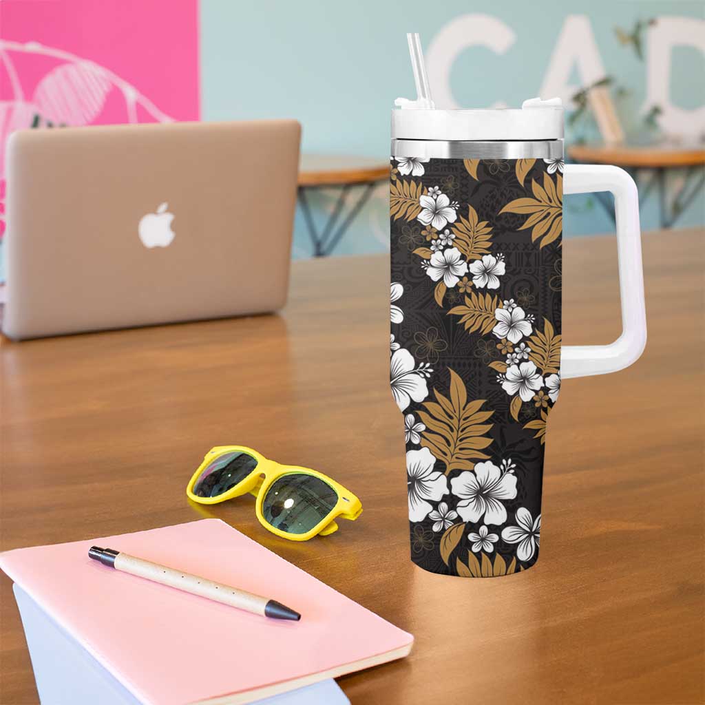Hawaiian Hibiscus Tribal Floral Brown Tumbler With Handle Polynesian Tapa Pattern - Polynesian Pride
